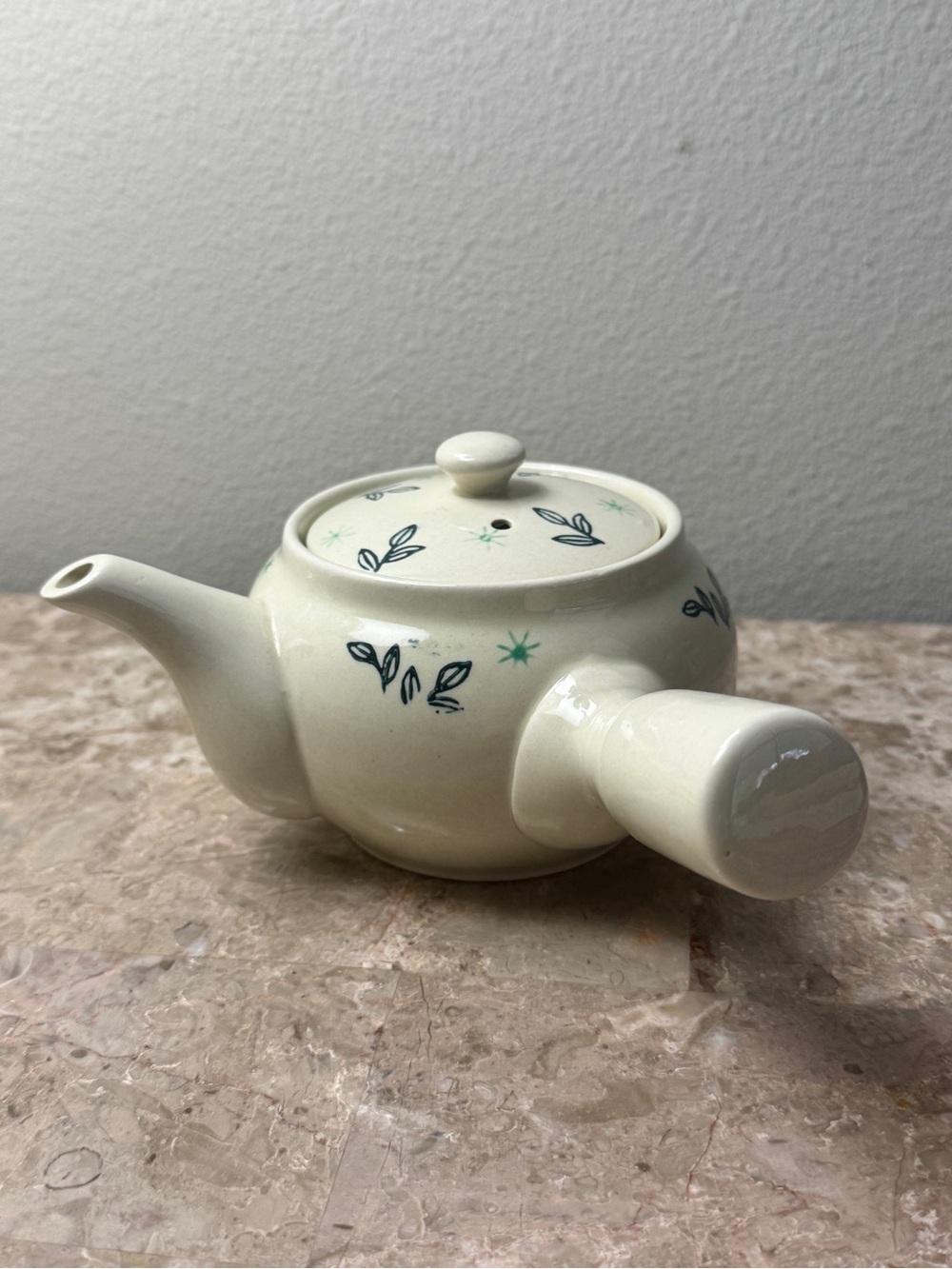 Ceramic Cream Teapot with Green Leaf Motif